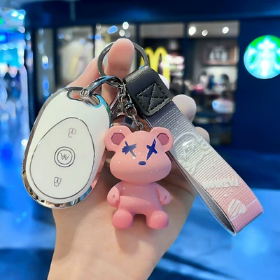 For 24 Emma Nina Electric Car key bag - electric-car-j-smart-3-key-white-single-shell-pink-violent-bear-pendant