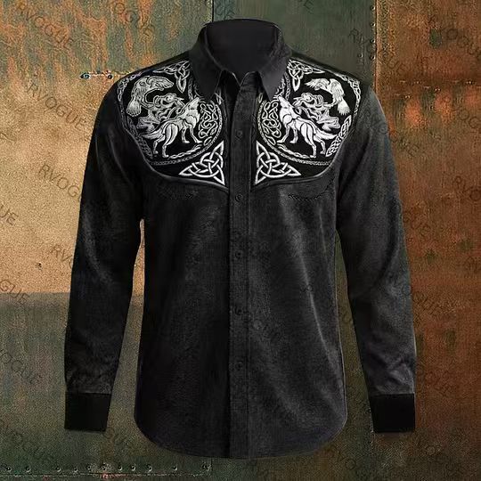Cross-Border New Spring and Autumn Outdoor 2025 Denim Style Men's Casual Shirt Digital Print Long-Sleeve Shirt Western Style