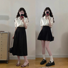 大きいサイズの婦人服の太ったmmの気質の通勤のシャツの赫本の風の垂れ下がっている感じの小さい黒いスカートの2つのセット