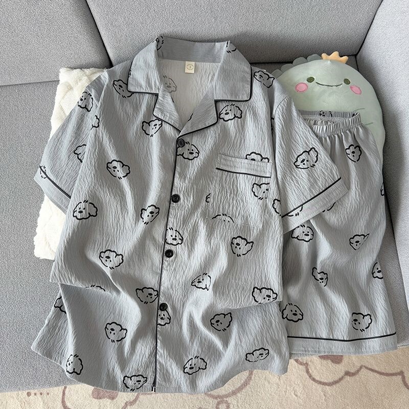 Summer Men's Cloud Cotton Two-Piece Short Pajama Set, Simple Solid Color Embroidered Lapel Cardigan, Thin Home Wear Summer Men's Cloud Cotton Two-Piece Short Pajama Set, Simple Solid Color Embroidered Lapel Cardigan, Thin Home Wear