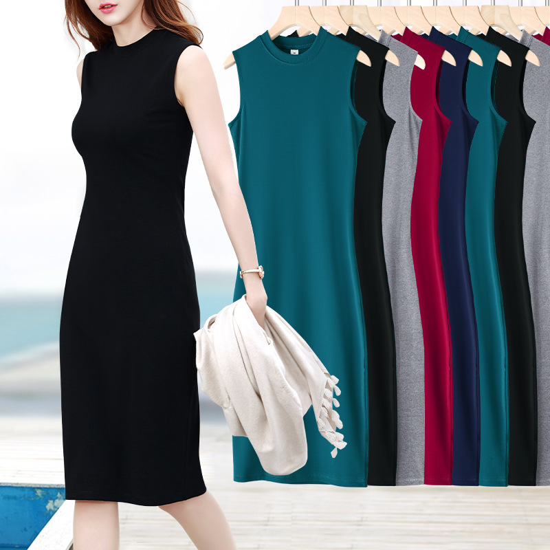 Women's Threaded Half-high Neck Sleeveless Vest dress Summer Outer Wear Inner Mid-length Slim-fit One-step Base Skirt