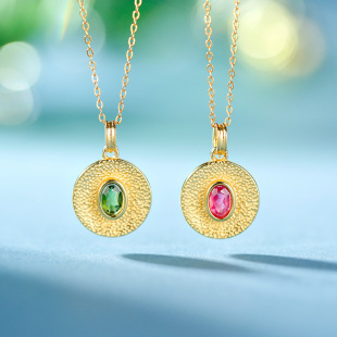 Huibaoli S925 Silver Gold Plated Green Tourmaline Powder Tourmaline Round Brand European Court Style Daily All-match Women's Pendant