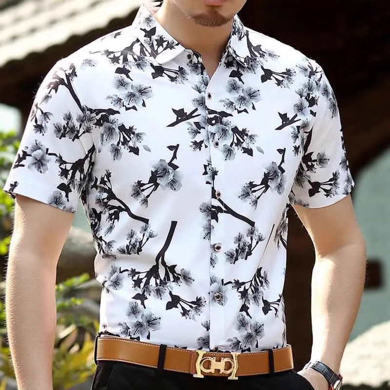 Middle-Aged Men's Short-Sleeved Floral Shirt Ice Silk Cotton Casual Breathable Dad Wear Mercerized Cotton Printed Half-Sleeved Shirt Floral
