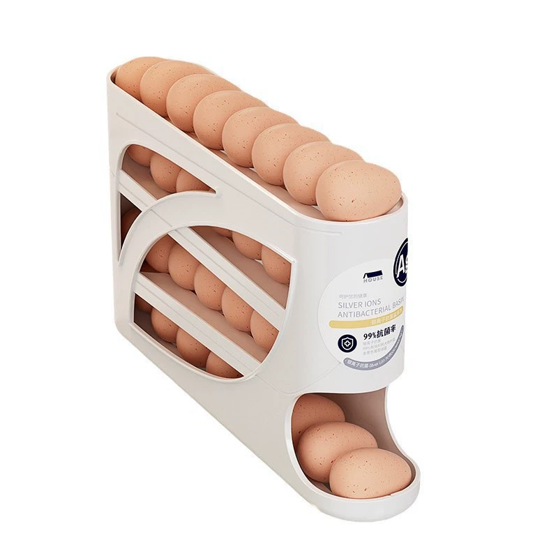Sliding egg storage dispenser, 4‑tier refrigerator organizer, PP or PET automatic release