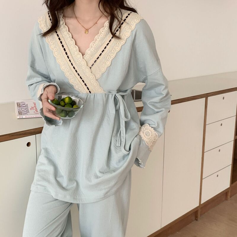 Spring and Autumn Moon Clothing Japanese Kimono Pure Cotton Milk-feeding Clothing Large Size Pregnant Women's Long-sleeved Pants Pajamas Suit Sweat-absorbent Breathable