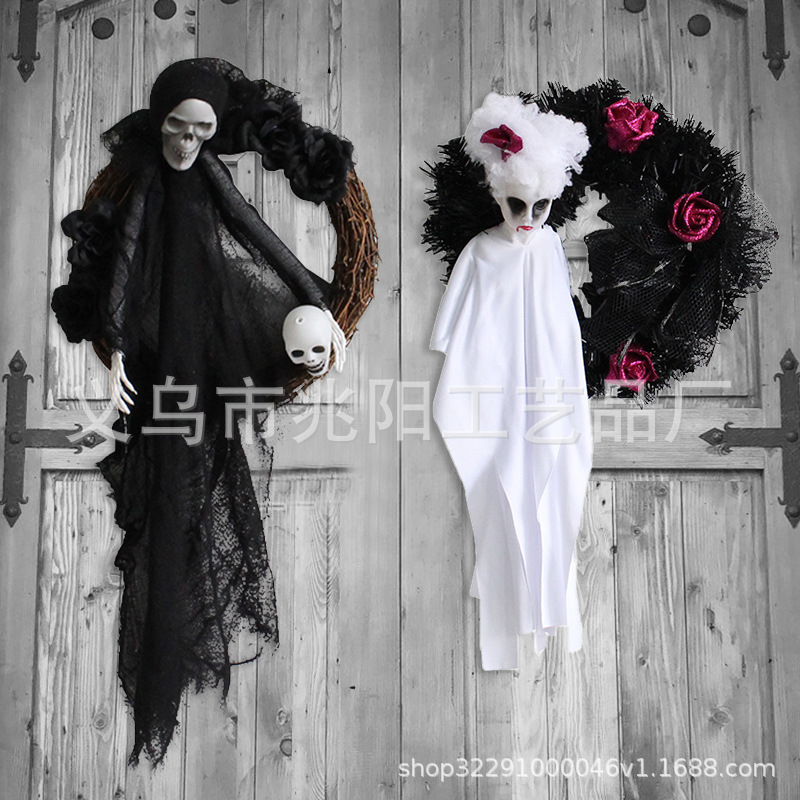 Halloween novia y novio colgando fantasma gaza no tejida sombrero blanco y negro horrendo calavera decoración accesorios fantasma casa embrujada