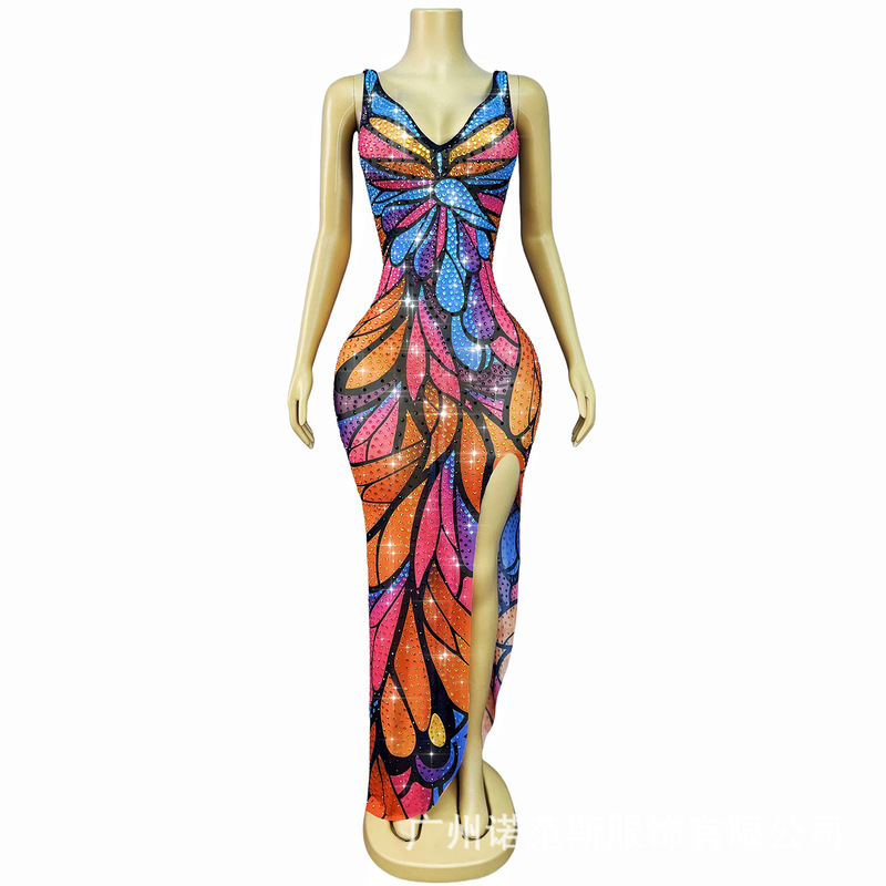Personalized Colorful Shiny Fine Diamond Butterfly Pattern Slit Suspender Long Skirt Club Dance Stage Party Evening Dress