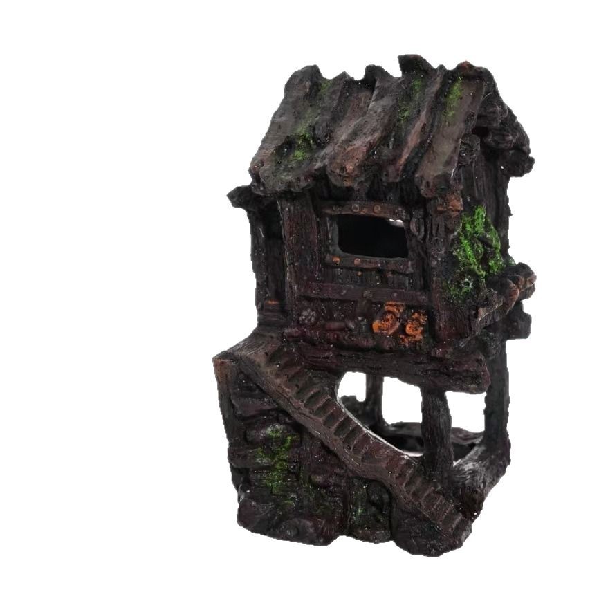Decoración de paisajismo de pecera Casa de madera en ruinas, pescado y camarones, casa de refugio, decoración lúdica, ático, fábrica de joyas de acuario