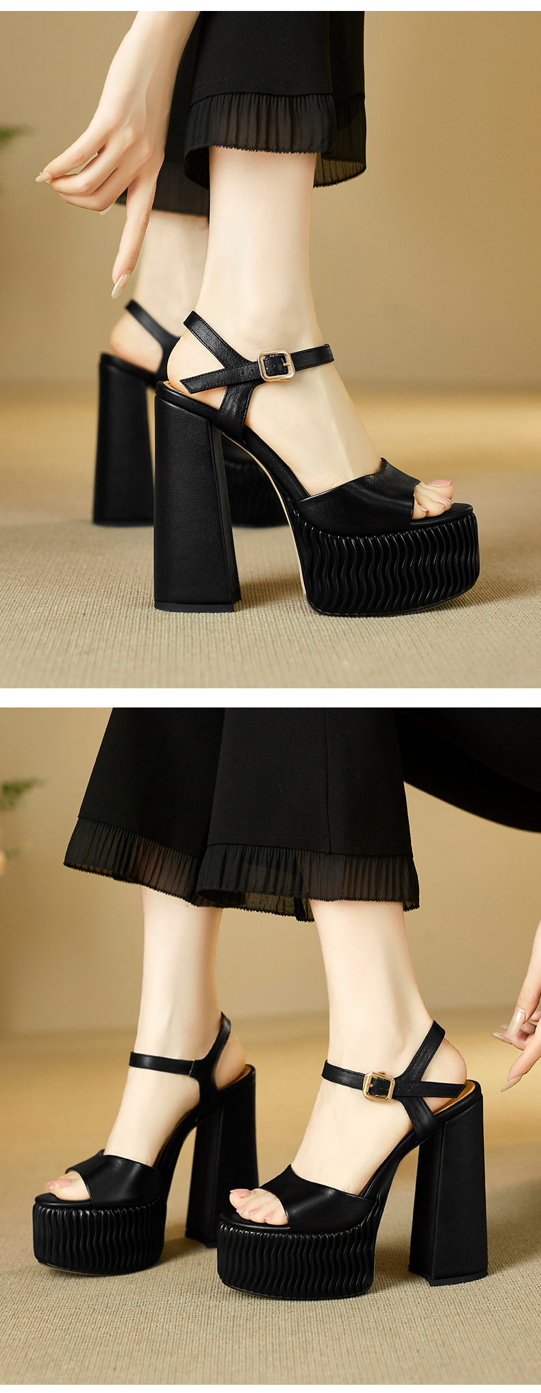 Sandal cao gót nữ quai ngang miệng cá đế xuồng 15 cm da thật — Màu đen chi tiết 8