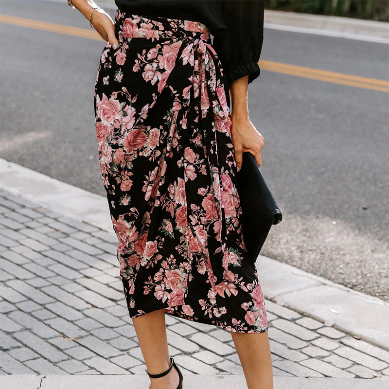 lace-up print slit irregular skirt NSZH37444