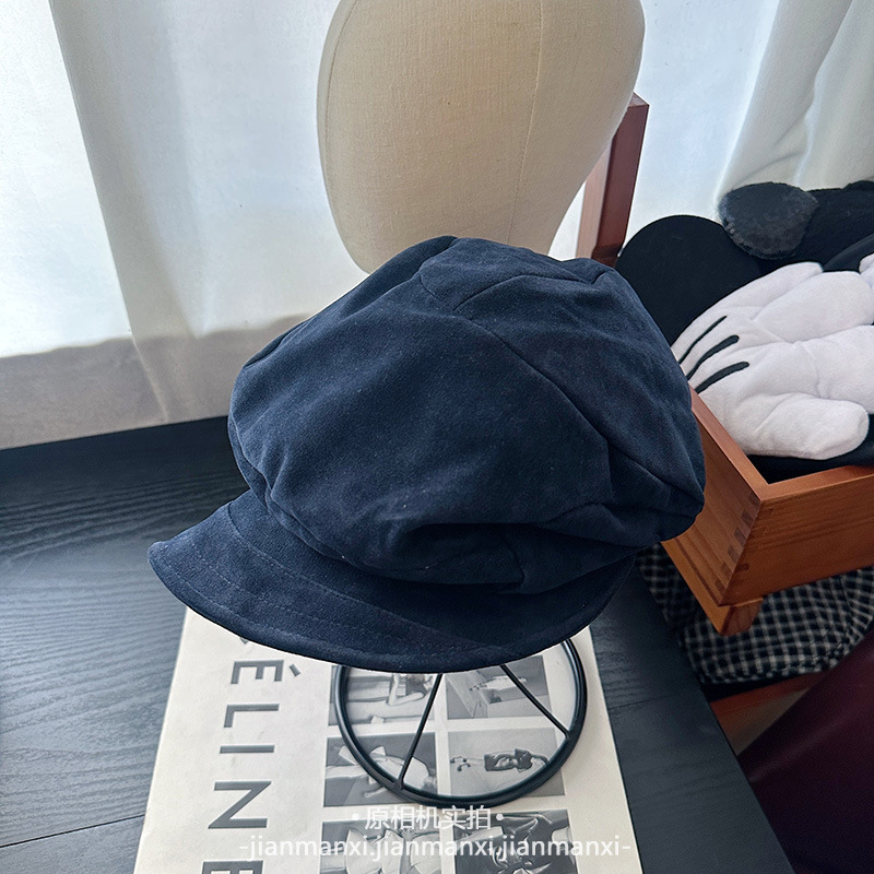 2025新款简约纯色麂皮绒定型褶皱报童帽女秋季英伦复古百搭贝雷帽|undefined