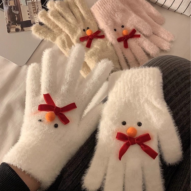 可爱蝴蝶结雪人毛绒针织五指手套女冬季保暖加绒加厚骑行防寒防风|undefined