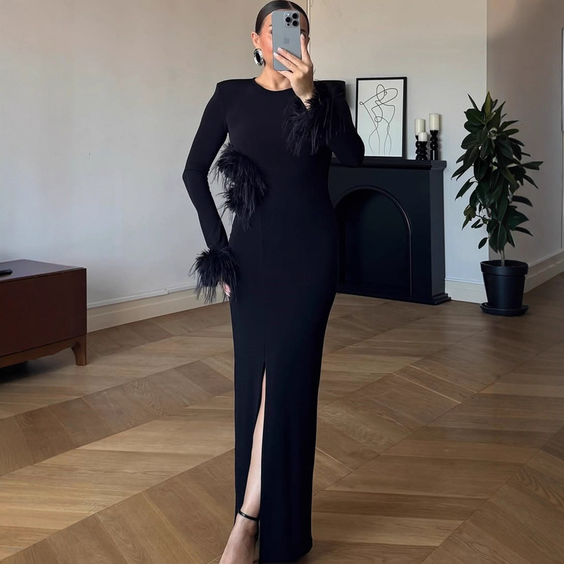 2025 European and American Cross-Border Women's Long Dress Fashionable Elegant Cut Out Slim Feather Decoration Long-Sleeved Autumn and Winter Dress for Women