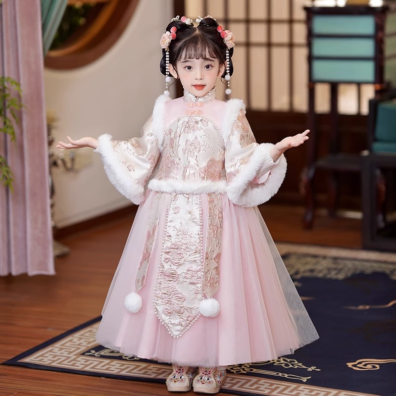 Chinese-style girls' Hanfu winter New Year dress, padded children's ancient costume for New Year's greetings, Tang-style short dress with skirt
