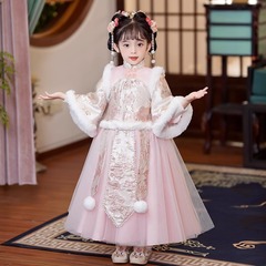 Chinese-style girls' Hanfu winter New Year dress, padded children's ancient costume for New Year's greetings, Tang-style short dress with skirt