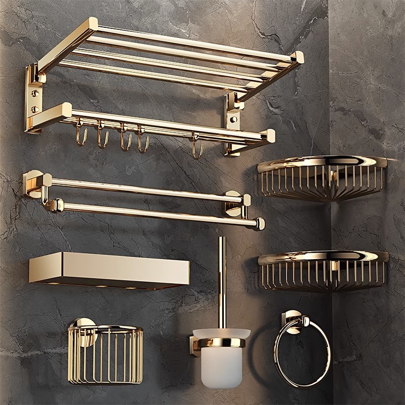 金色毛巾架全铜浴巾架卫生间免打孔浴室置物架墙上五金挂件五件套