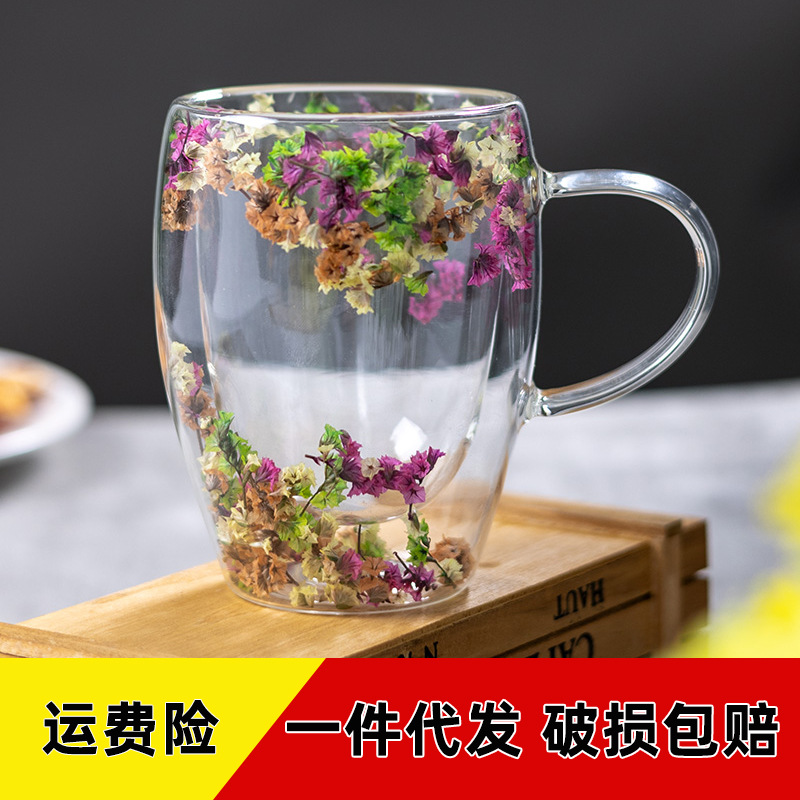 Taza de vidrio de doble capa resistente al calor, taza de agua de flores secas de flores reales creativas, sala de estar de moda para el hogar, taza de bebida de leche de café