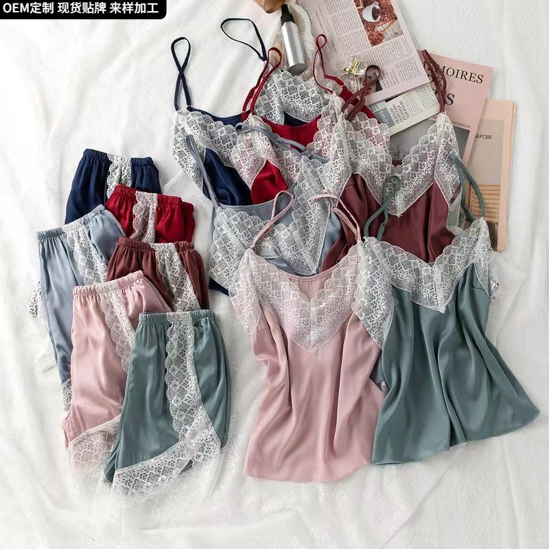 New women's spring and summer sexy comfortable sling chest pad pajamas suit sexy bathrobe two-piece nightgown home wear