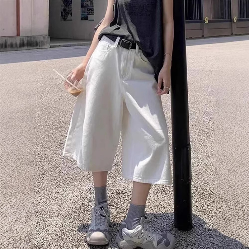 Wide-Leg Cropped Denim Shorts for Women, Summer American Retro High-Waisted Loose Slimming Plus-Size Straight Mid-Length Pants