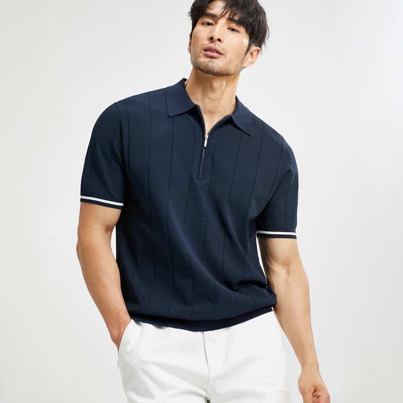 2025 Summer Men's Knitted Short-Sleeved Shirt Slim British Style Pure Color Ice Silk New Lapel Half-Sleeved Shirt Bottoming Shirt