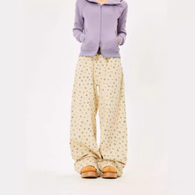美式复古小碎花直筒裤2024春夏新款淑女百搭宽松阔腿休闲裤牛仔裤