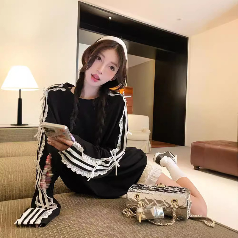 Bow Black Long-sleeved Loose T-shirt Women's Autumn Lace Stitching Korean-style Mid-length Round Neck All-match Top