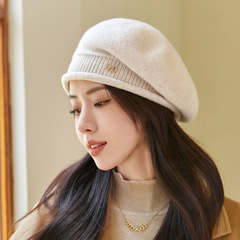 针织帽子女秋冬季中年韩版显脸小贝雷帽保暖百搭复古毛线画家帽