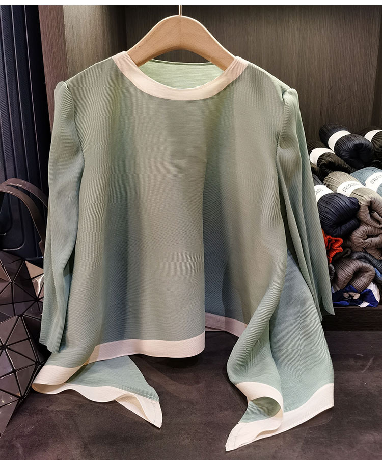 Áo thun nữ cổ tròn tay lỡ phối màu tương phản, dáng rộng xếp ly bất đối xứng — Màu xanh, Màu tím hồng, Màu đỏ hoa hồng, Màu hồng chi tiết 32