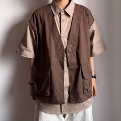 2025 夏の新日本トレンドブランド偽ツーピース作業服ポケット半袖シャツレトロルーズジャケットメンズベスト