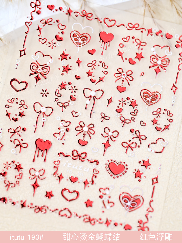 Nuevo dulce arco estampado en relieve pegatinas de uñas rosa arco amor arco estampado en plata pegatinas de corazón de桃ar rojo