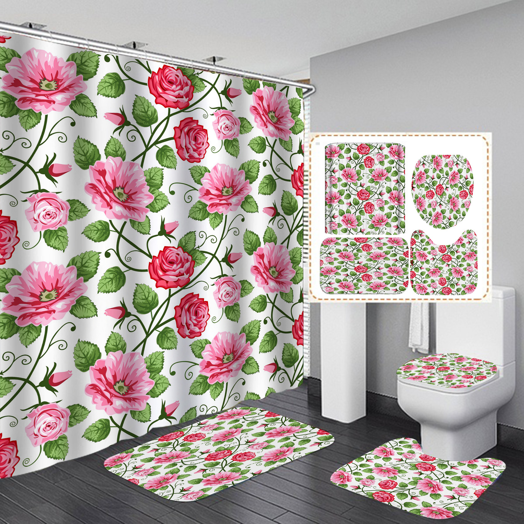 Amazon Venta caliente HD Impresión digital poliéster serie de flores traje baño cortina ducha fábrica suministro directo