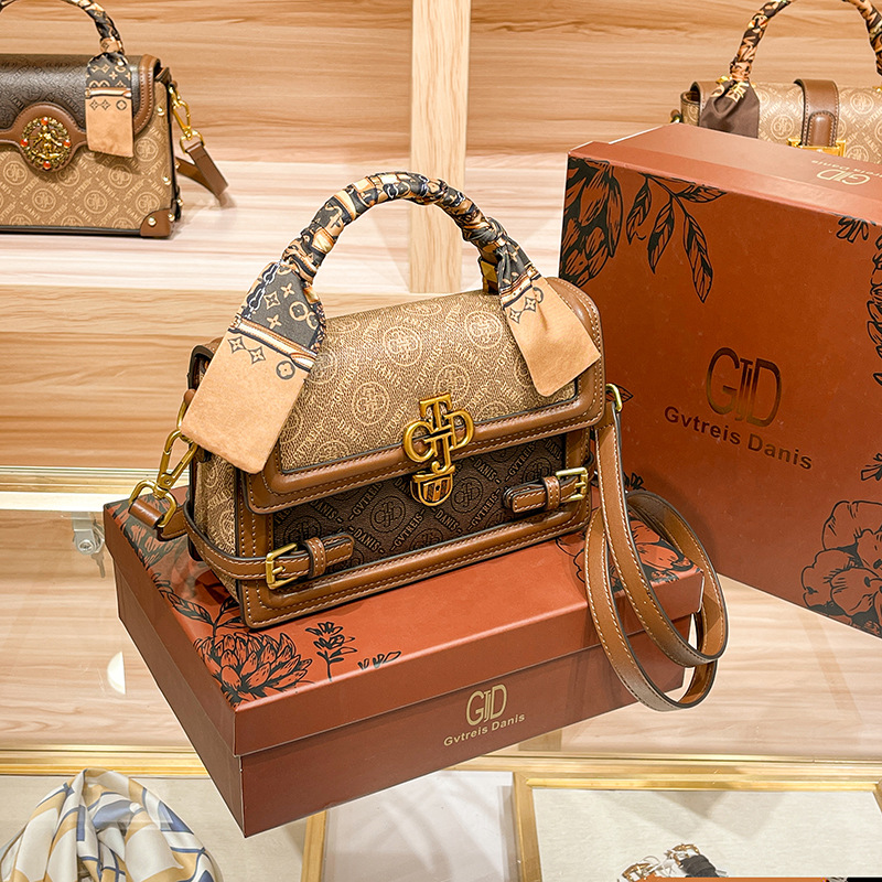 专柜正品真皮手提老花女包高级感小方包女斜挎单肩包2024新款