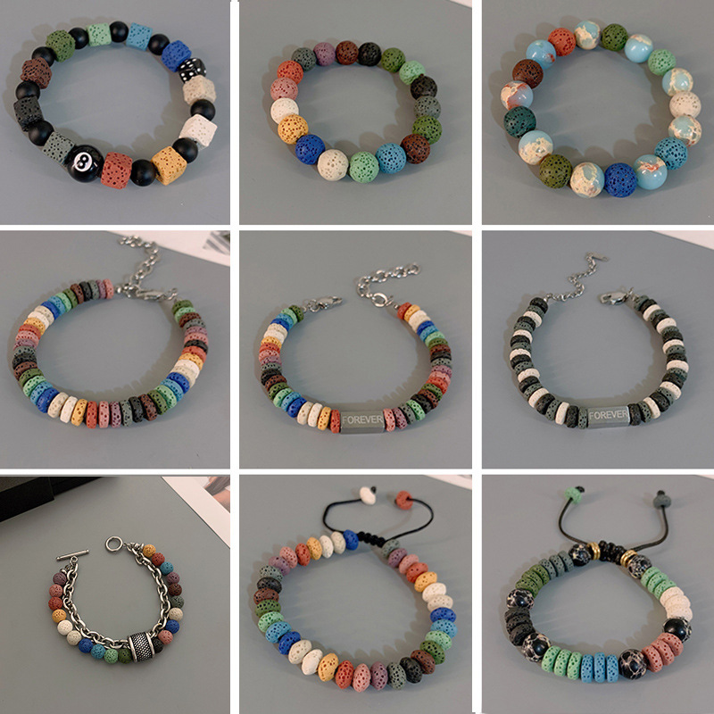 Multi-Color Volcanic Stone Bracelet for Men, Niche Design, High-End Stainless Steel Hand Ornaments for Men, Light Luxury European and American Style Accessories Multi-Color Volcanic Stone Bracelet for Men, Niche Design, High-End Stainless Steel Hand Ornaments for Men, Light Luxury European and American Style Accessories