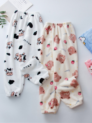 Children's Thick Sleep Pants Coral Fleece for Autumn and Winter, Loose Home Pants for Boys, Warm Baby Pants, Plush Long Pants for Girls