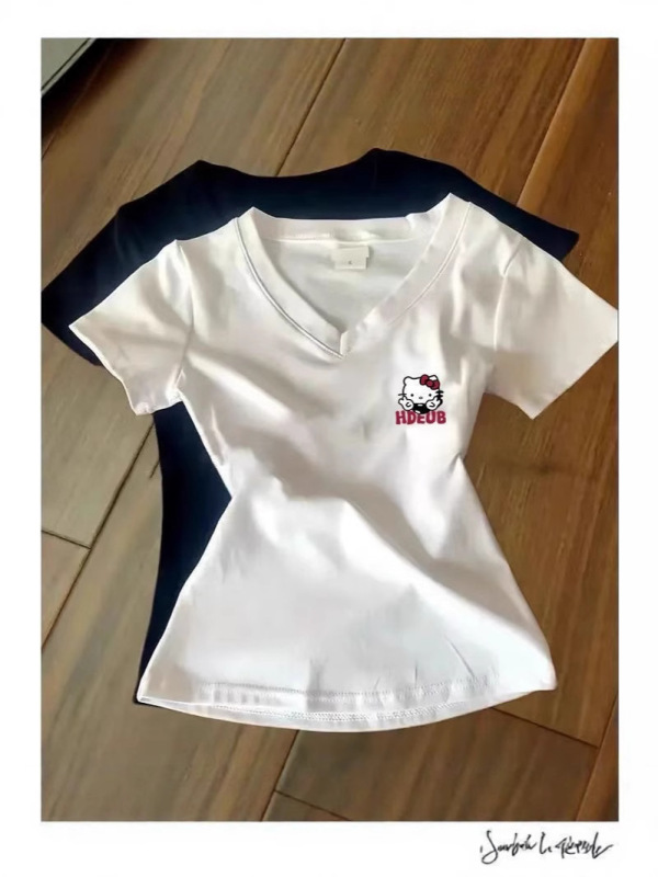 カレッジスタイルドーパミンイエローショルダー半袖レディース夏ウエストデザインkt猫スリムTシャツショートトップ|undefined