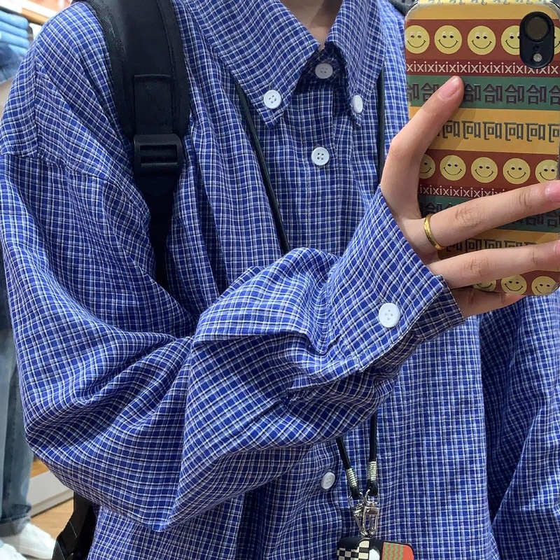 美式复古格纹衬衣蓝色慵懒风长袖衬衫男女春秋季百搭宽松格子外套|undefined