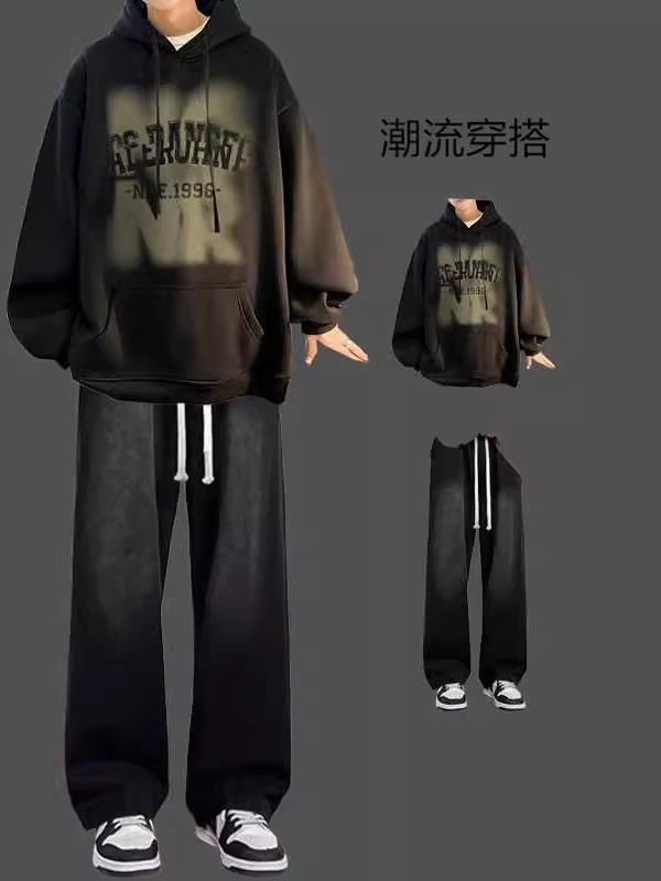 秋冬季套装男美式连帽卫衣潮牌一套搭配牛仔裤学生潮流帅气两件套|undefined