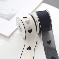 Flocked Glitter Sheer Ribbon with Heart Dot Sheer Ribbon, Floral Cake Packaging Satin Ribbon, Florist DIY Handmade