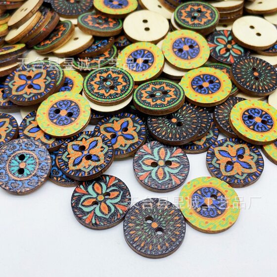 Bohemian Retro Button Wooden Button Retro Pattern Round Button Accessories Decorative Wooden Products