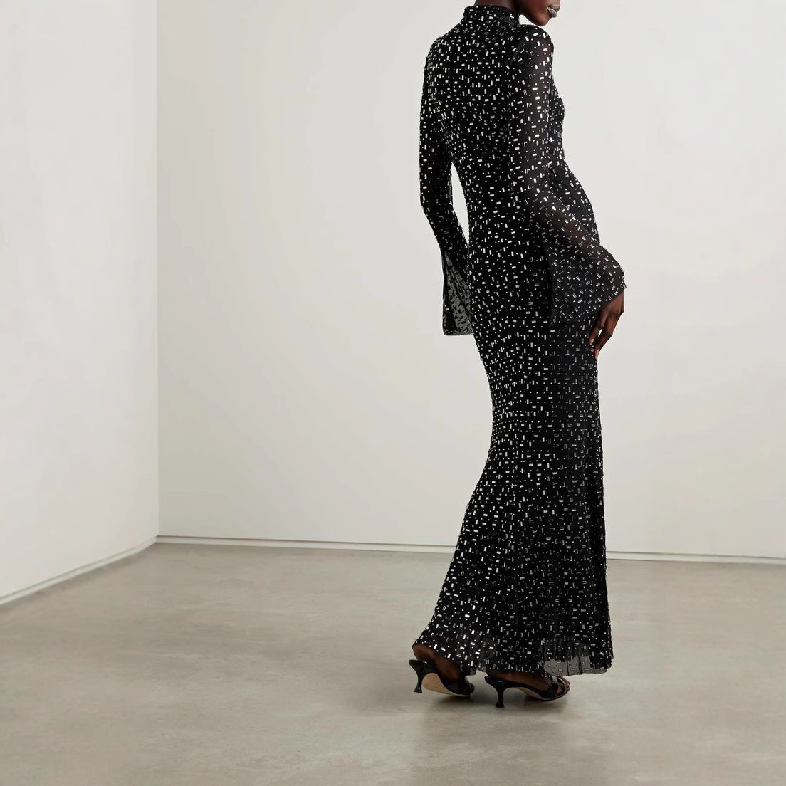 南油轻奢外贸女装批发时尚网纱半高领长袖烫钻修身包臀长款连衣裙