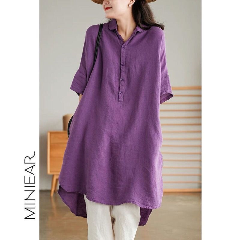 Hot-Selling Bargain~ High-End Cotton-Linen Dress with Summer Half-Sleeves and Side Slits, Solid Color Long Shirt Dress Hot-Selling Bargain~ High-End Cotton-Linen Dress with Summer Half-Sleeves and Side Slits, Solid Color Long Shirt Dress