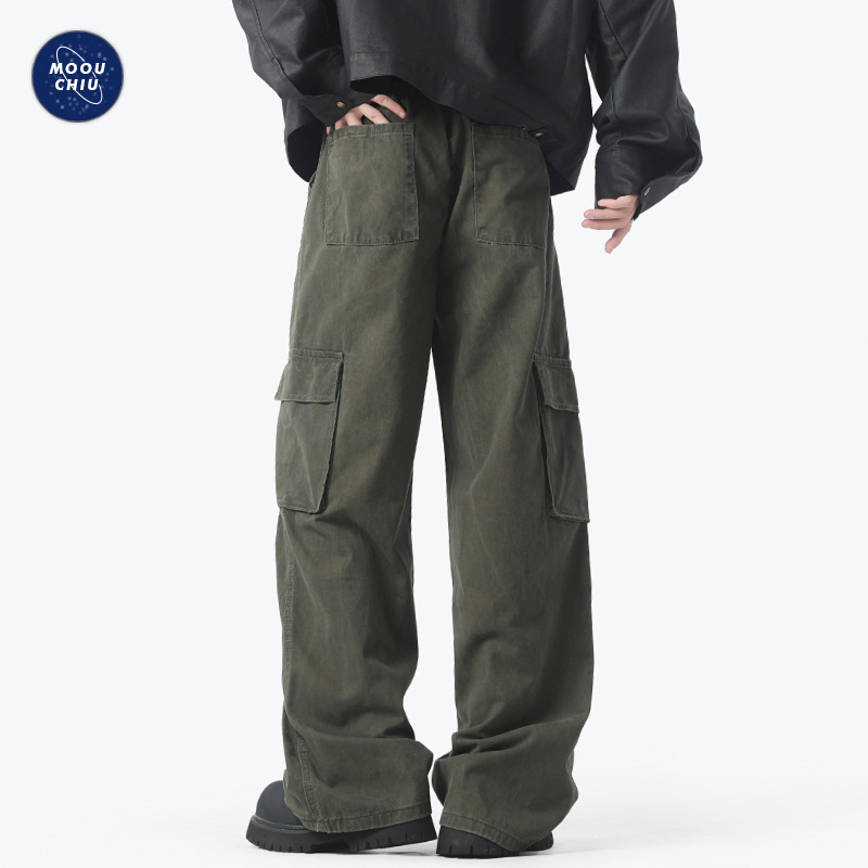 Muqiu Men's Wear ∠ American Vintage Washed Casual Crowdwork Pants Men's vintage Trendy Brand Wide-leg Stitching Pants