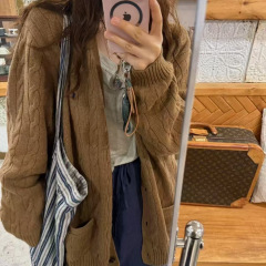RL小马拉夫小麻花V领针织开衫百搭休闲时尚女外套长款两侧大口袋