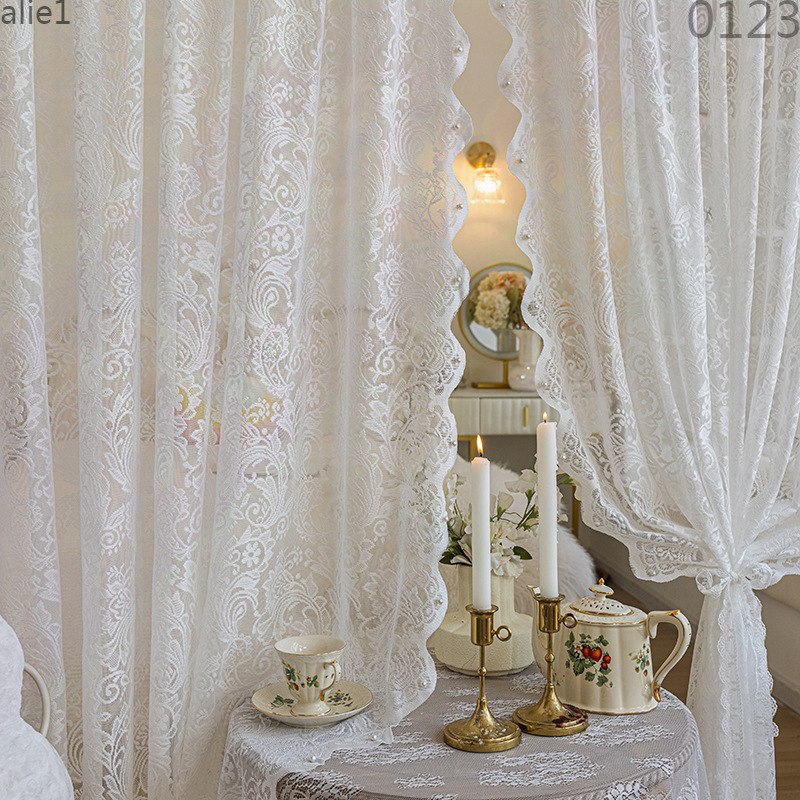 French-Style Light Luxury Milk Coffee-Colored Lace Sheer Curtains, Light-Transmitting but Not See-Through, Bedroom Ins-Style High-End Bay Window Sheer Curtains