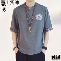 中国風盤ボタン亜麻シャツ男性半袖tシャツ中国式唐装綿麻復古風男性服カジュアル上着
