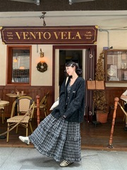 慵懒风针织毛衣长袖宽松开衫外套女秋季格子背心连衣裙时尚两件套