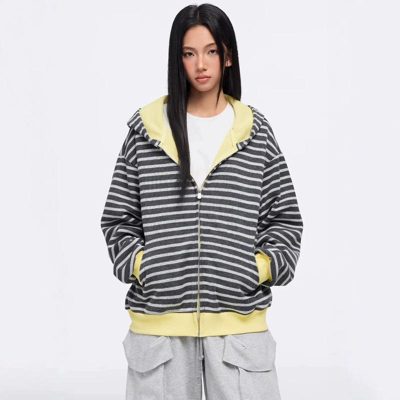 American-style air-layer striped cardigan sweatshirt for women, 2026 spring and autumn new American cleanfit loose jacket, trendy