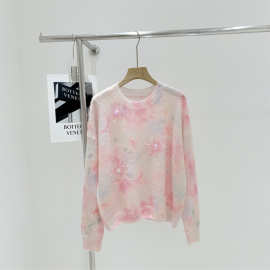 韩国订单秋装新款圆领手工订珠亮片扎染马海毛羊毛针织衫毛衣套头