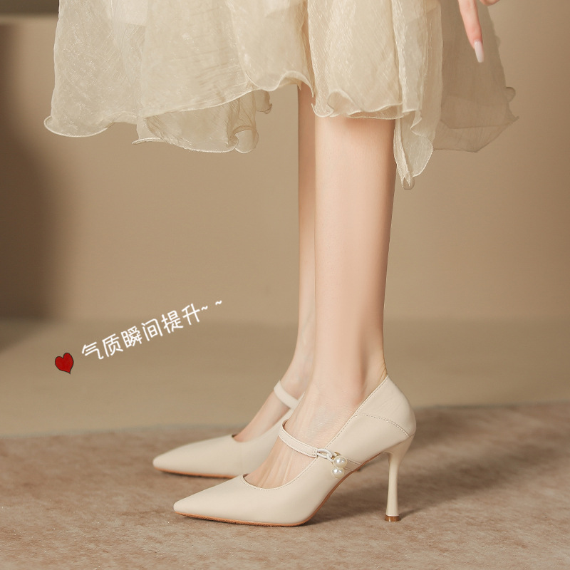 2025 New Pointed Stiletto Heel plus size Plus Fat Widened Pearl Women's Shoes Small Size Shallow Mouth Commuting All-match