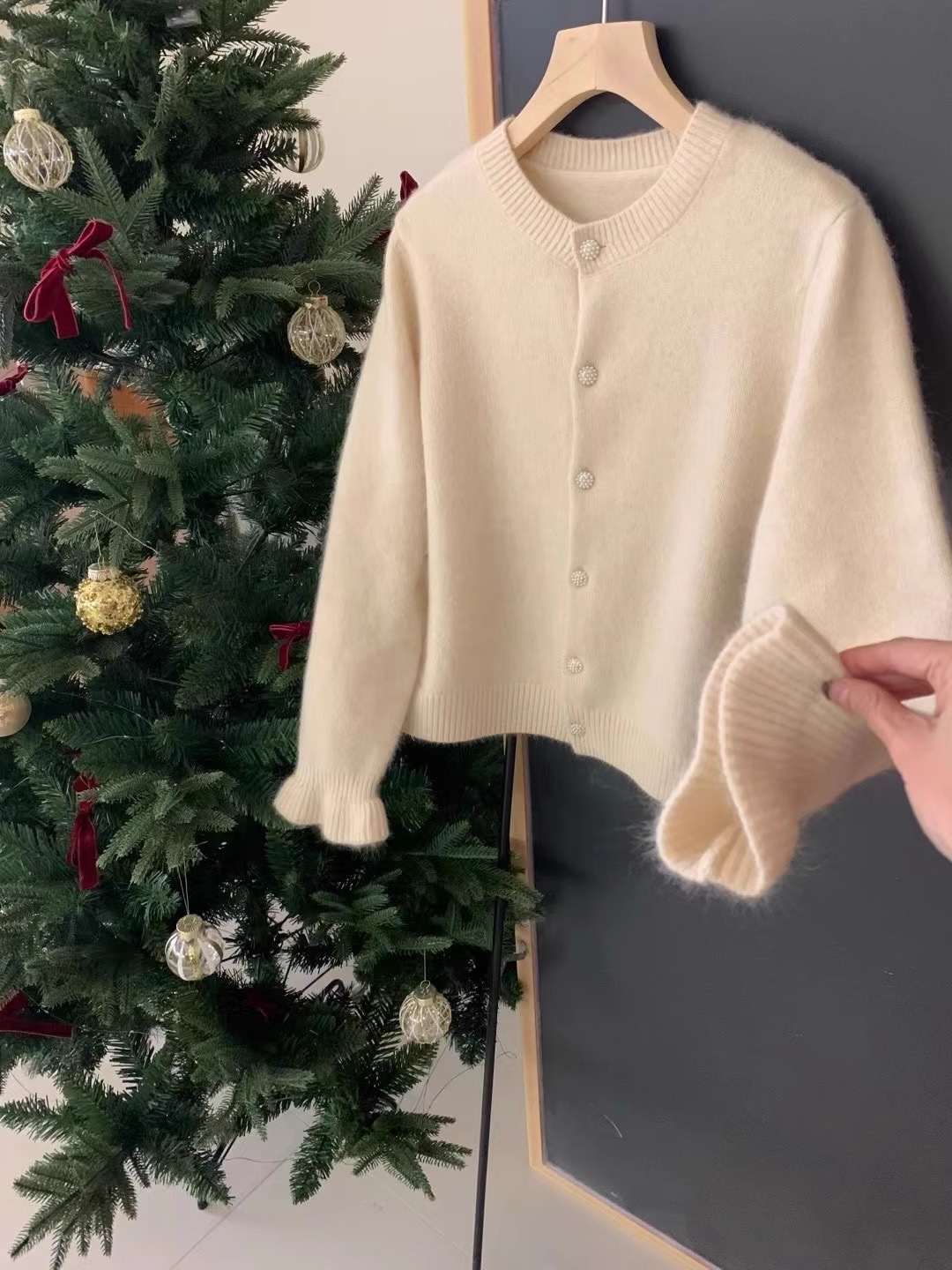 Cardigan coreano in velluto con scollo rotondo e maniche ricamate viola da donna, piccolo cappotto lavorato a maglia profumato primaverile_voghion.com